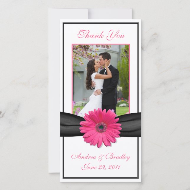 Pink Gerbera Daisy Black Ribbon Wedding Thank You (Front)