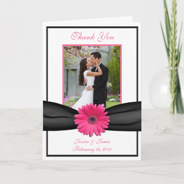 Pink Gerbera Daisy Black Wedding Photo Thank You (Front)