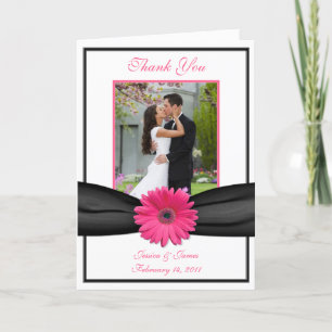 Pink Gerbera Daisy Black Wedding Photo Thank You Card