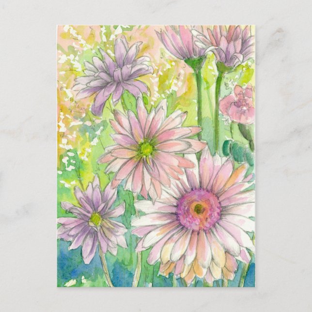 Pink Gerbera Daisy Bouquet Watercolor Flowers Art Postcard (Front)