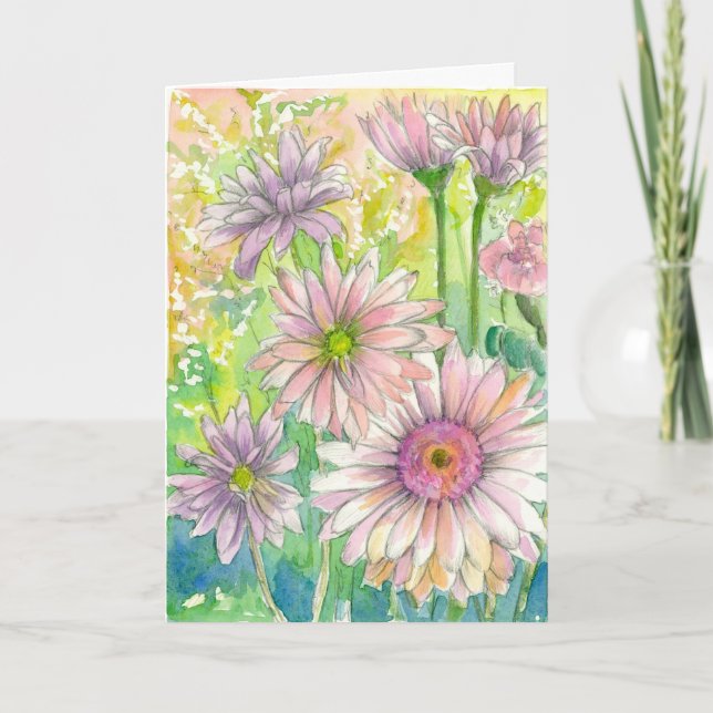 Pink Gerbera Daisy Flower Bouquet Happy Birthday Card (Front)