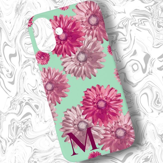 Pink Gerbera Daisy Flowers on Green Floral Case-Mate iPhone Case (Creator Uploaded)