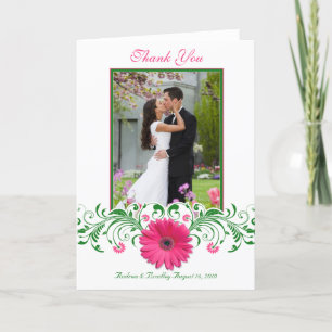 Pink Gerbera Daisy Green Floral Photo Thank You Card