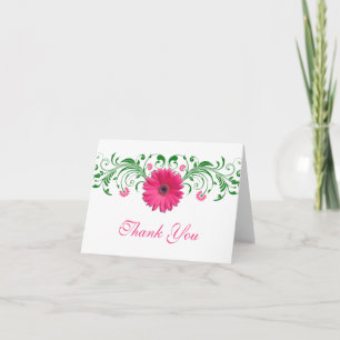 Pink Gerbera Daisy Green Floral Wedding Thank You Card