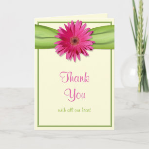 Pink Gerbera Daisy Green Ribbon Wedding Thank You Card