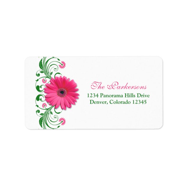 Pink Gerbera Daisy Green Wedding Address Labels (Front)