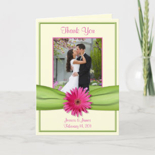 Pink Gerbera Daisy Green Wedding Photo Thank You