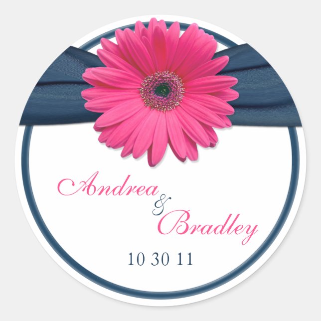Pink Gerbera Daisy Navy Blue Wedding Classic Round Sticker (Front)