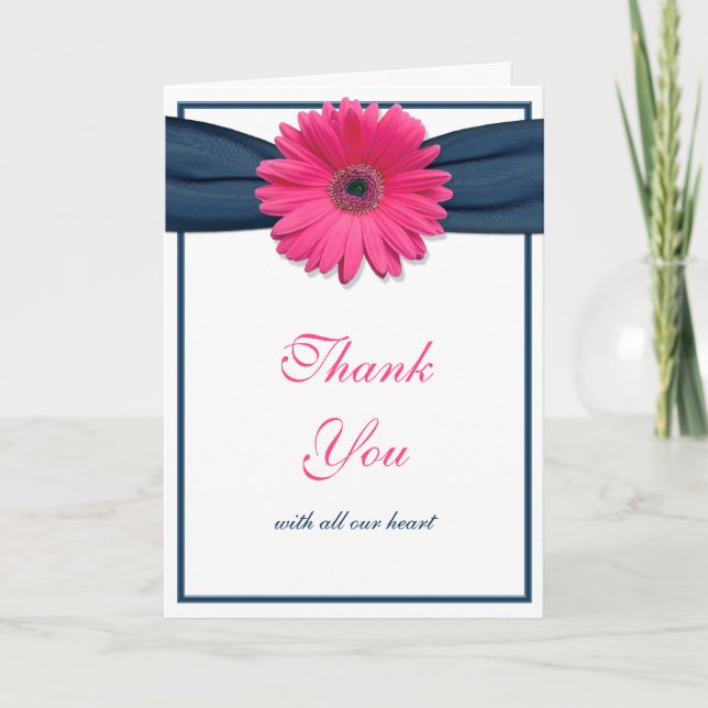 Pink Gerbera Daisy Navy Ribbon Wedding Thank You (Front)