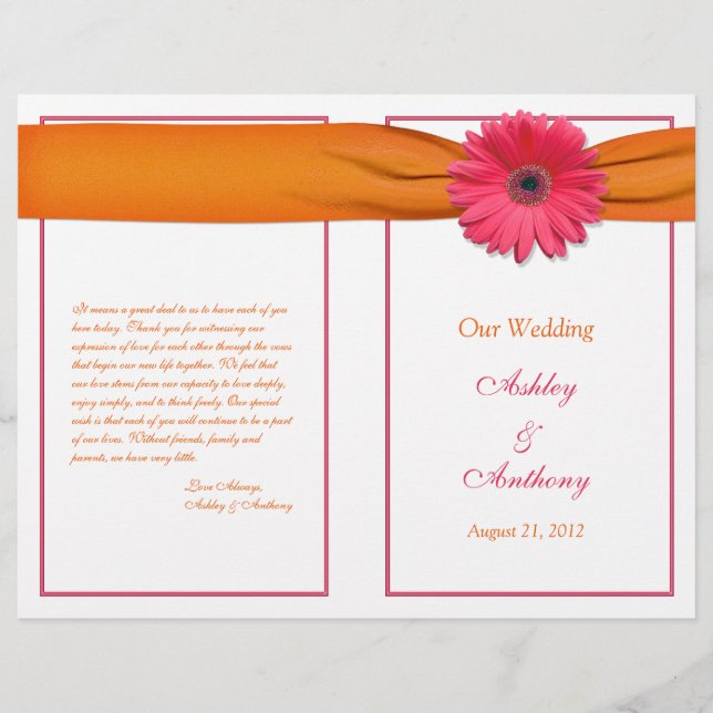 Pink Gerbera Daisy Orange Ribbon Wedding Program (Front)
