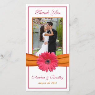 Pink Gerbera Daisy Orange Ribbon Wedding Thank You Card