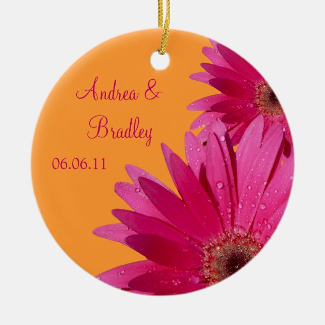 Pink Gerbera Daisy Orange Wedding or Anniversary Ceramic Ornament (Front)