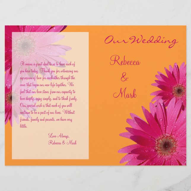 Pink Gerbera Daisy Orange Wedding Programme (Devant)