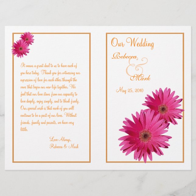 Pink Gerbera Daisy Orange Wedding Programme (Devant)