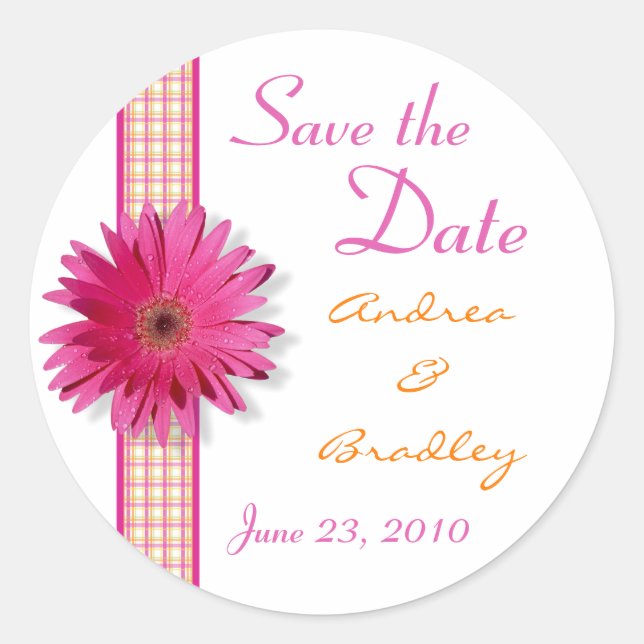 Pink Gerbera Daisy Plaid Ribbon Wedding Classic Round Sticker (Front)