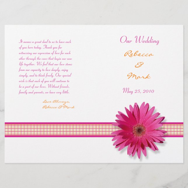 Pink Gerbera Daisy Plaid Ribbon Wedding Programme (Devant)