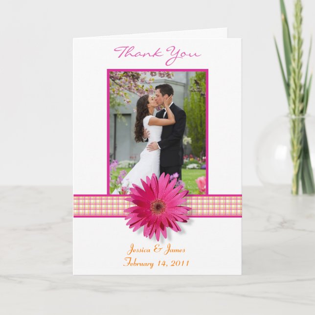 Pink Gerbera Daisy Plaid Wedding Photo Thank You (Front)