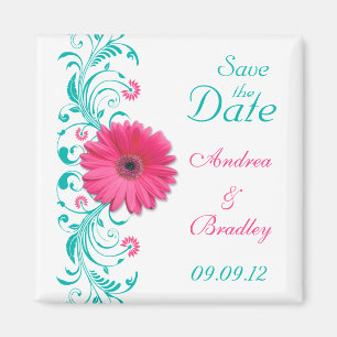 Pink Gerbera Daisy Turquoise Floral Save the Date Magnet