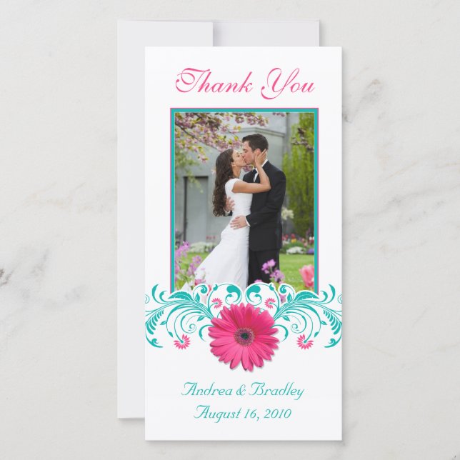 Pink Gerbera Daisy Turquoise Floral Thank You (Front)