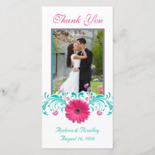 Pink Gerbera Daisy Turquoise Floral Thank You Card