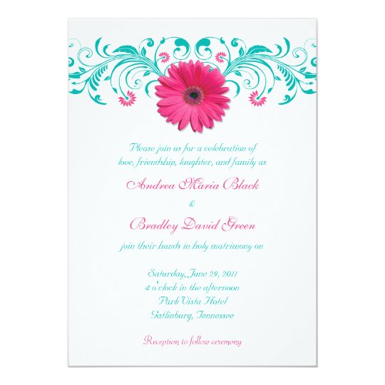 Pink Gerbera Daisy Turquoise Floral Wedding Card