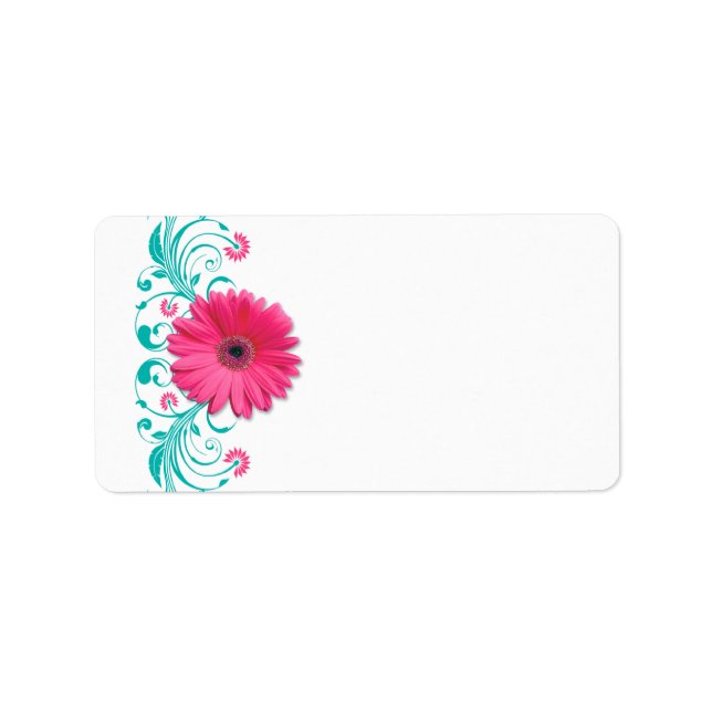 Pink Gerbera Daisy Turquoise Wedding Blank Address Label (Front)