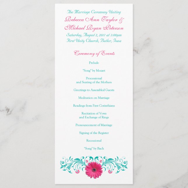 Pink Gerbera Daisy Turquoise Wedding Program (Front)