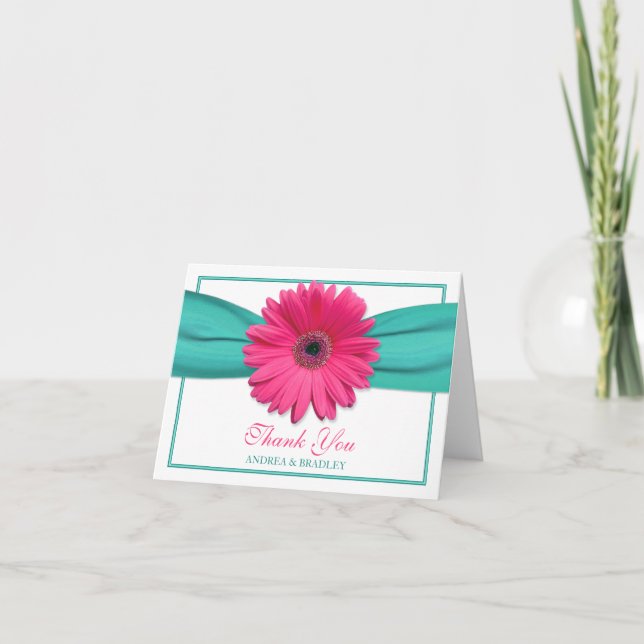 Pink Gerbera Daisy Turquoise Wedding Thank You 3 (Front)