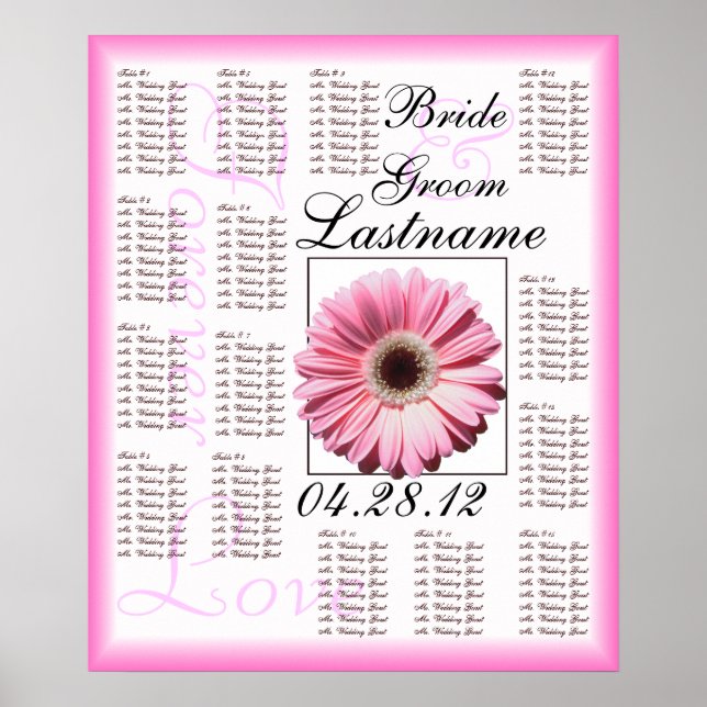 Pink Gerbera Daisy Wedding Guest Seating Chart (Front)