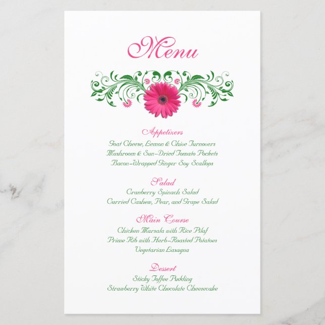 Pink Gerbera Daisy Wedding Menu Card (Front)