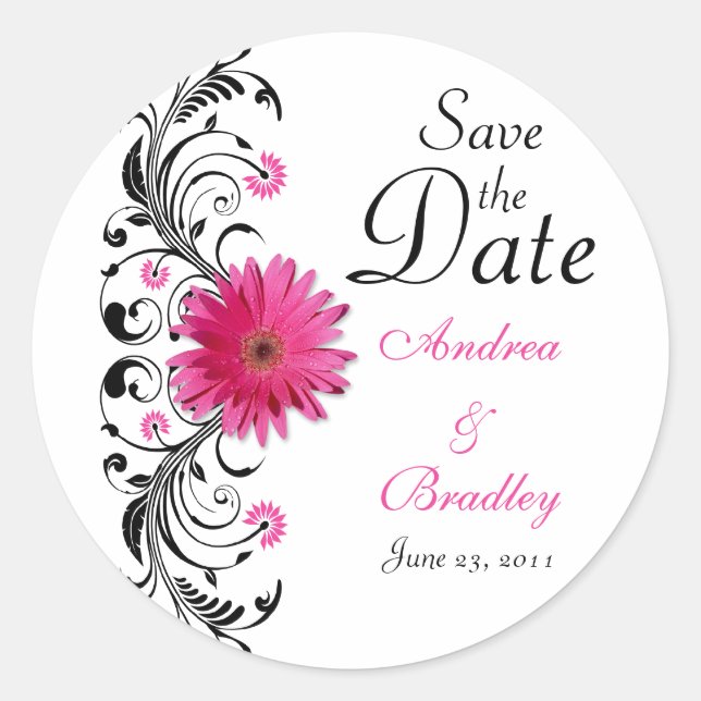Pink Gerbera Floral Wedding Save the Date Sticker (Front)