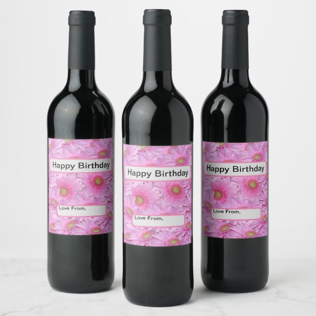 Pink Gerbera Flower Clusters,  Wine Label (Bottles)