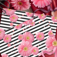 Pink Gerbera Flowers On Black And White Stripes