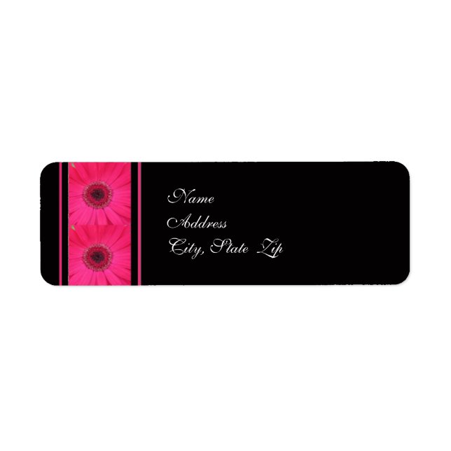 Pink Gerbera on Black Wedding Address Label (Front)