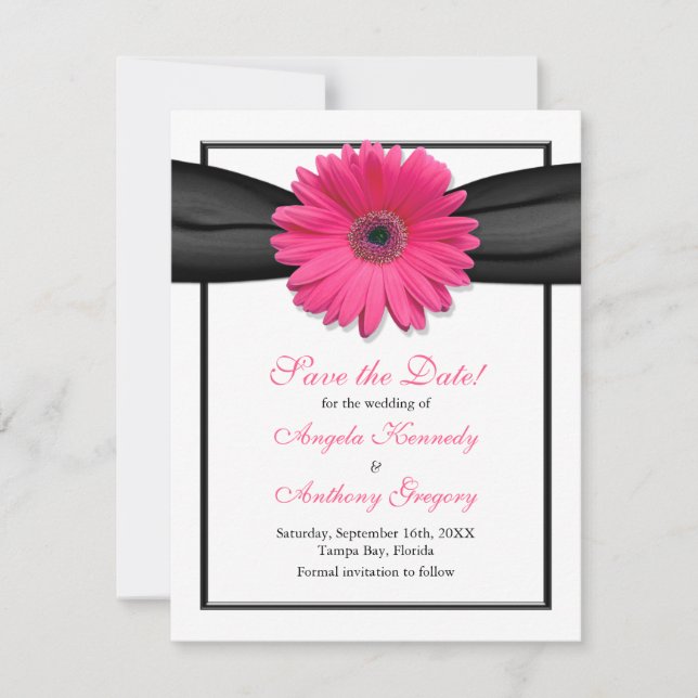 Pink Gerbera with Black Ribbon Save the Date Card (Front)