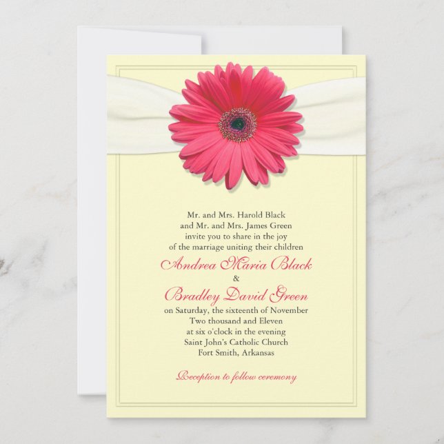 Pink Gerbera with Ivory Satin Ribbon Invitation (Front)