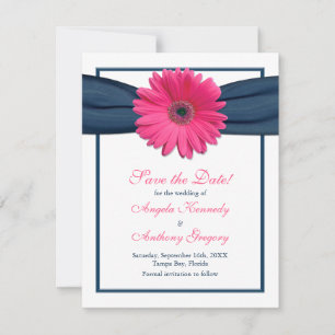 Pink Gerbera with Navy Ribbon Save the Date Card