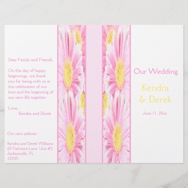 Pink Gerberas on White Wedding Program (Front)