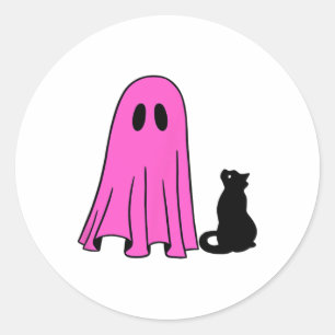 Pink Ghost And Black Cat Halloween Fall Season  Classic Round Sticker