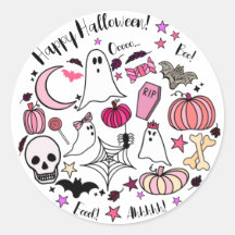 Pink Ghost and Pumpkin Halloween Round Sticker