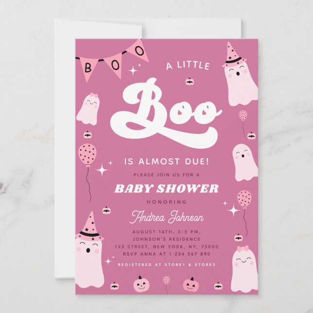 Pink Ghost & Groovy Little Boo Girl Baby Shower Invitation (Front)