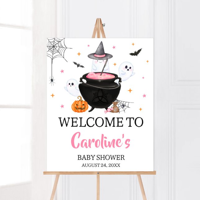 Pink Ghost Halloween Baby is Brewing Welcome Poster (Baby is Brewing Baby Shower Welcome Sign)