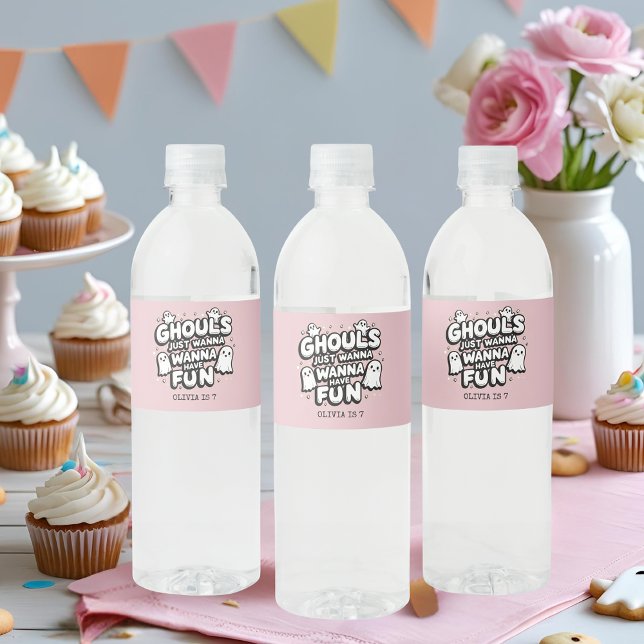 Pink Ghost Halloween Birthday Water Bottle Label (Creator Uploaded)
