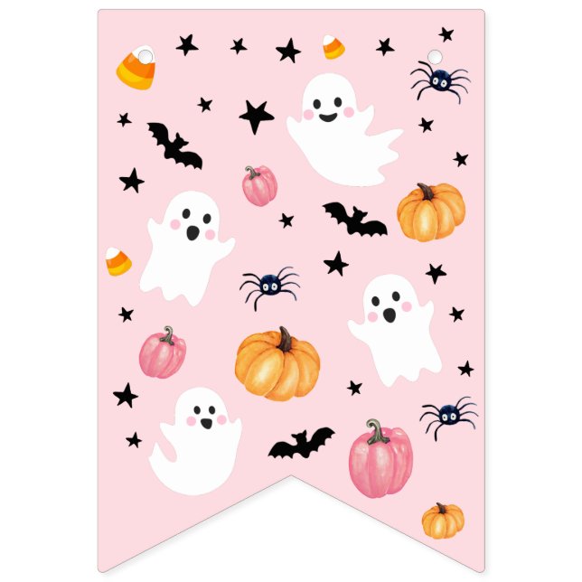 Pink Ghost Halloween Spooky One Happy Birthday Bunting Flags (First Flag)