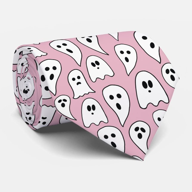 Pink Ghost Halloween Tie (Rolled)