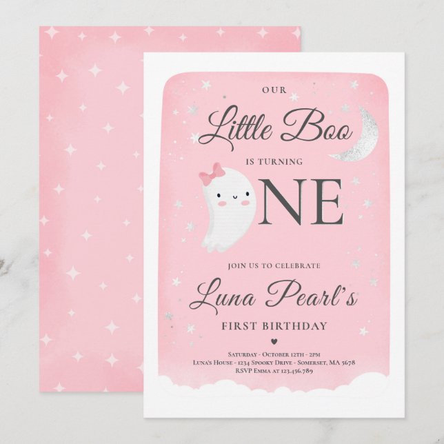 Pink Ghost Little Boo Birthday Party Halloween Invitation (Front/Back)