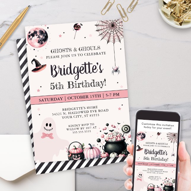 Pink Ghost Little Boo Halloween Birthday Party Invitation (Modern pink halloween theme birthday party invitation for girly halloween party invites with ghost)