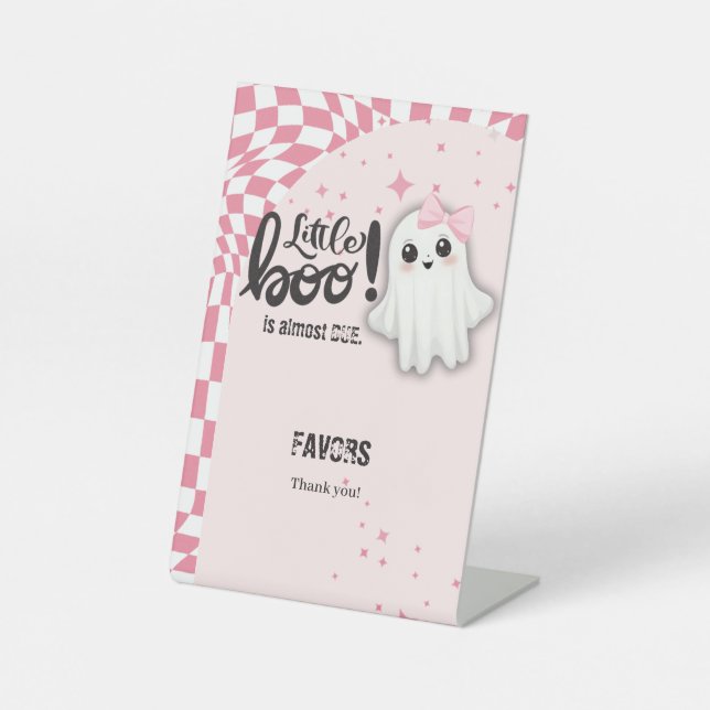Pink Ghost Little Boo is almost due Baby Shower Pedestal Sign (Front)