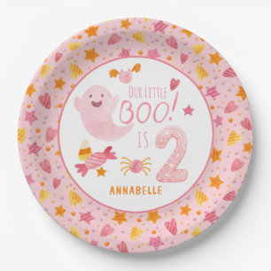 Pink Ghost Little Boo Turning Two 2nd Birthday Paper Plate