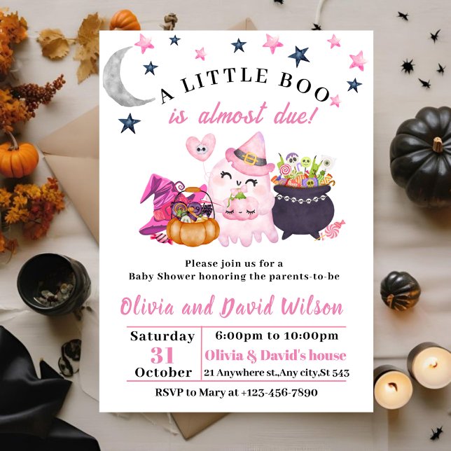 Pink Ghost,Witch Hat,Candy: Halloween Baby Shower Invitation (Creator Uploaded)